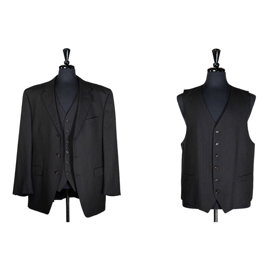 Ralph Lauren Mens Suit 2 Piece Black Striped Wool Blazer Jacket Formal Vest 44L